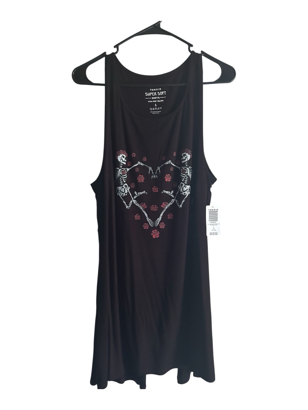 Torrid Size 1X Black Sleeveless Tank with Skeleton Heart and Rose Graphic